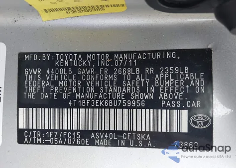 2011 Toyota Camry Se from USA, damaged, VIN 4T1BF3EK6BU759956